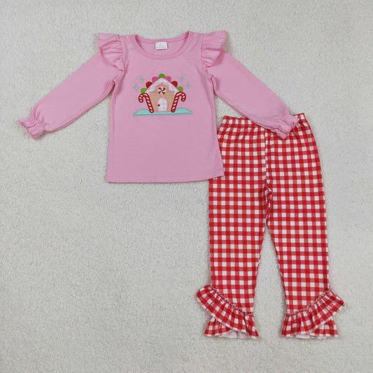 GLP2523 Baby Girls Embroidery Candy Cane House Top Ruffle Checked Pants Christmas Clothes Sets