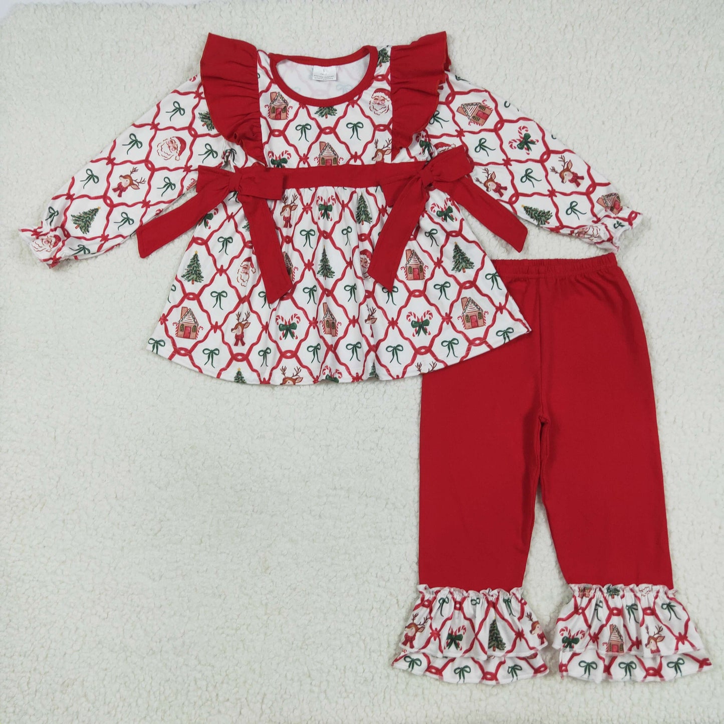 Family Sibling Baby Kids Christmas Red Bows Santa Trees Checked Clothing Clothes