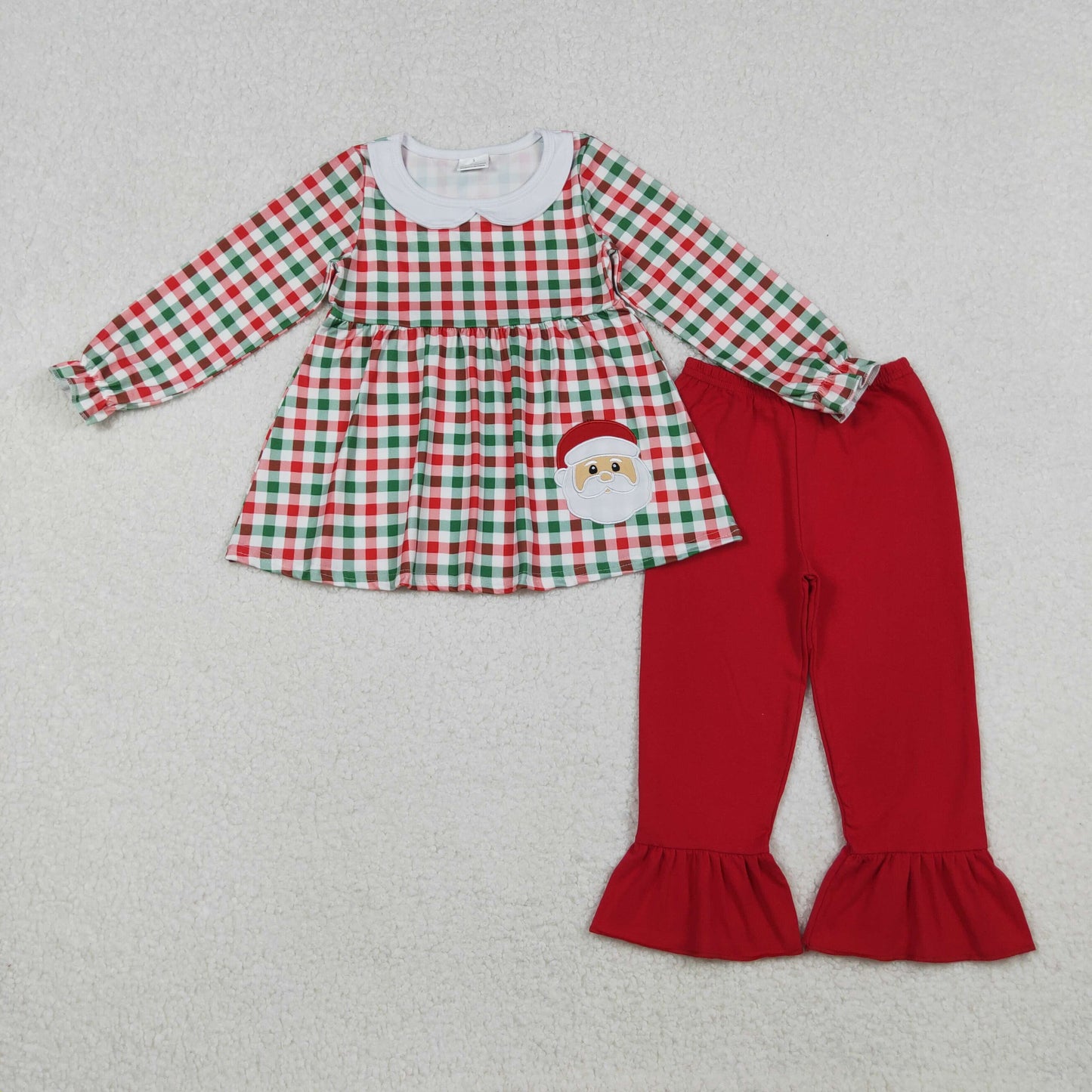 GLP2530 Baby Girls Embroidery Santa Red Green Checked Tunic Ruffle Pant Christmas Clothes Sets