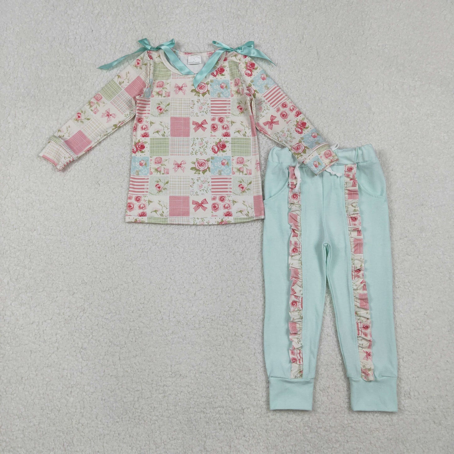 GLP2551 Baby Girls Flowers Bows Checked Top Pockets Ruffle Leggings Clothes Sets
