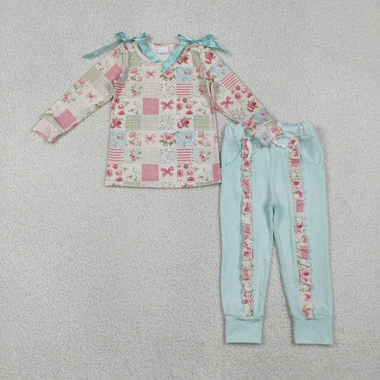 GLP2551 Baby Girls Flowers Bows Checked Top Pockets Ruffle Leggings Clothes Sets
