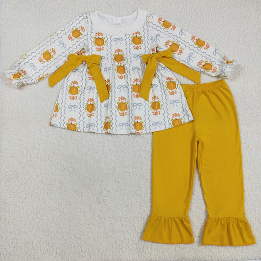 GLP2554 Baby Girls Pumpkins Bows Stripe Tunic Ruffle Pants Fall Clothes Sets