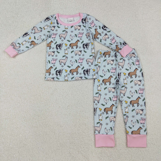 GLP2564 Baby Girls Chicks Cows Top Pants Farm Pajamas Sets