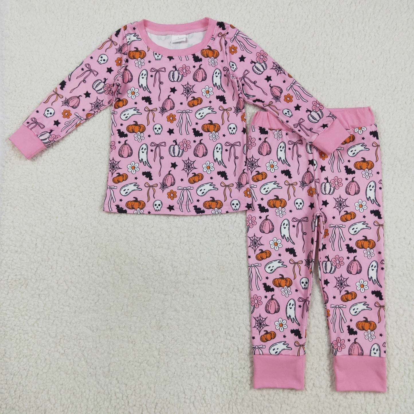 GLP2567 Baby Girls Pink Bows Ghosts Pumpkins Top Pants Halloween Pajamas Sets
