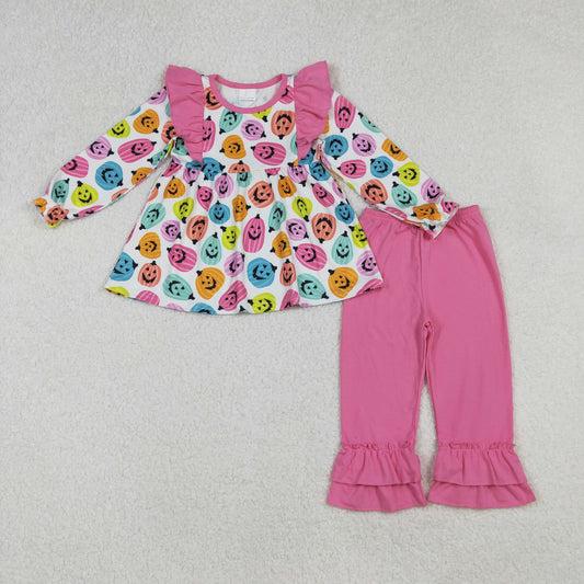 GLP2569 Baby Girls Long Sleeve Colorful Ghost Pumpkins Tunic Ruffle Pants Halloween Clothes Set