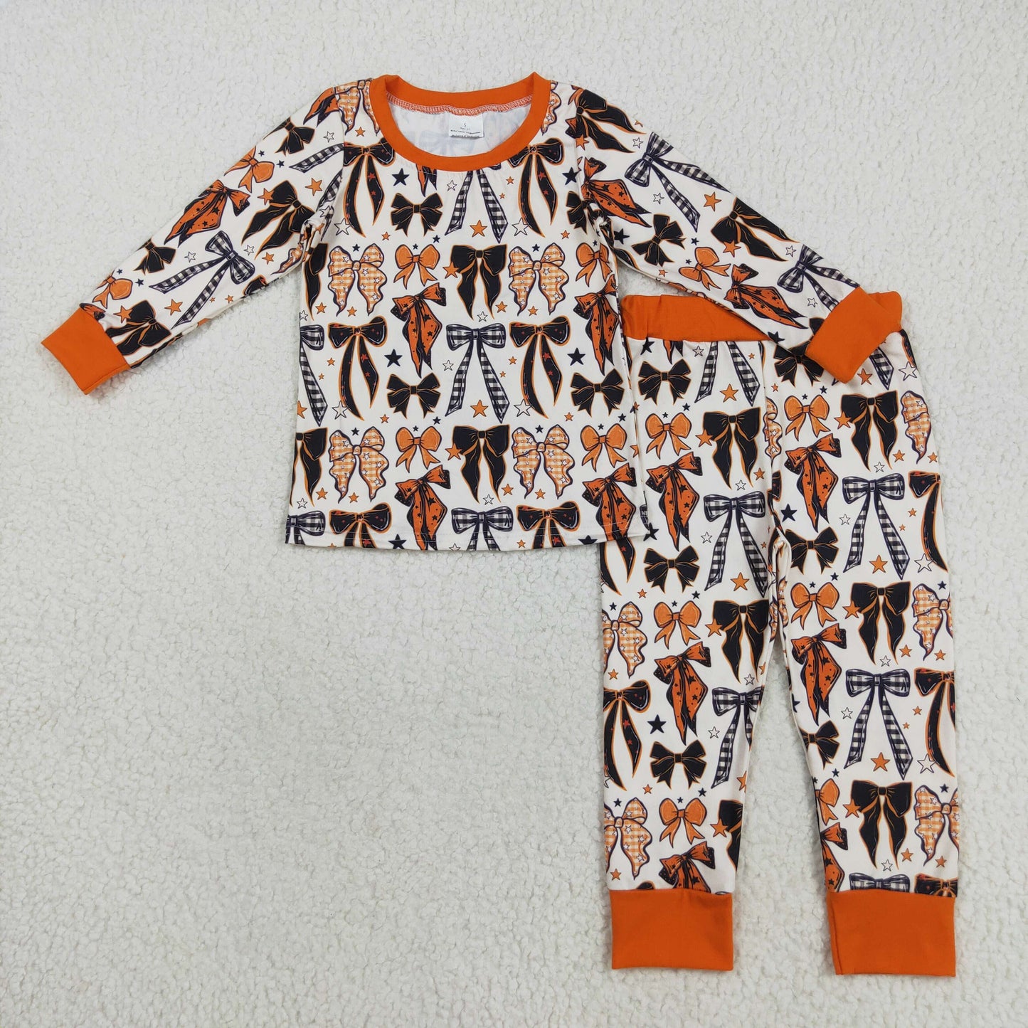 GLP2573 Baby Girls Black Orange Bows Stars Halloween Pajamas Sets