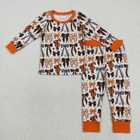 GLP2573 Baby Girls Black Orange Bows Stars Halloween Pajamas Sets
