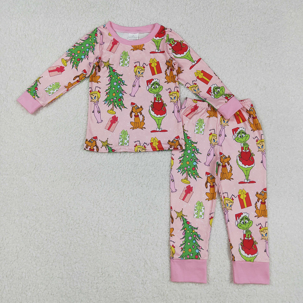 Sibling Baby Kids Long Sleeves Green Face Miss Christmas Pajamas Sets Zipper Footed Rompers
