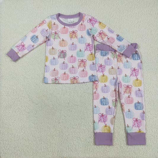 GLP2597 Baby Girls Pink Blue Lavender Bows Pumpkins Top Pants Fall Pajamas Sets