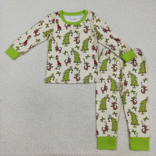 GLP2627 Baby Girls Green Faces Dogs Trees Top Pants Christmas Pajamas Sets