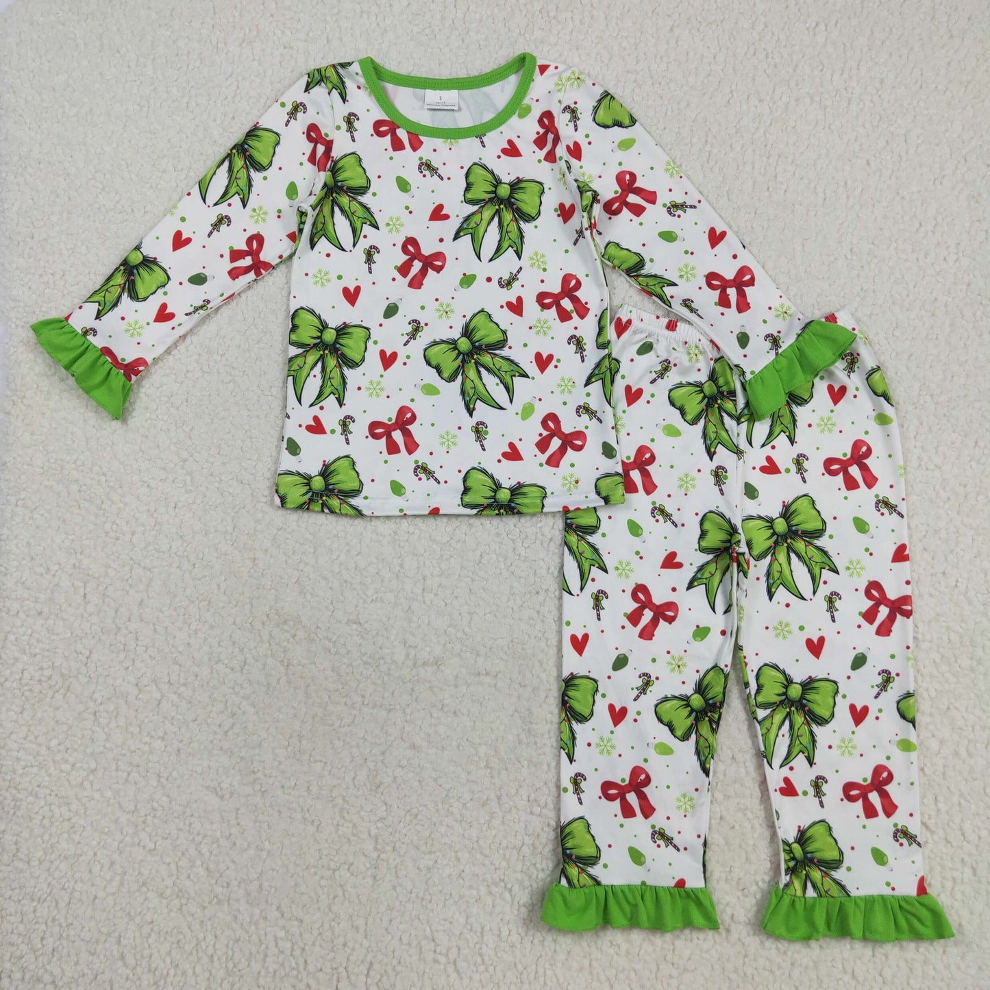 GLP2628 Baby Girls Green Red Bows Candy Cane Top Pants Christmas Pajamas Sets