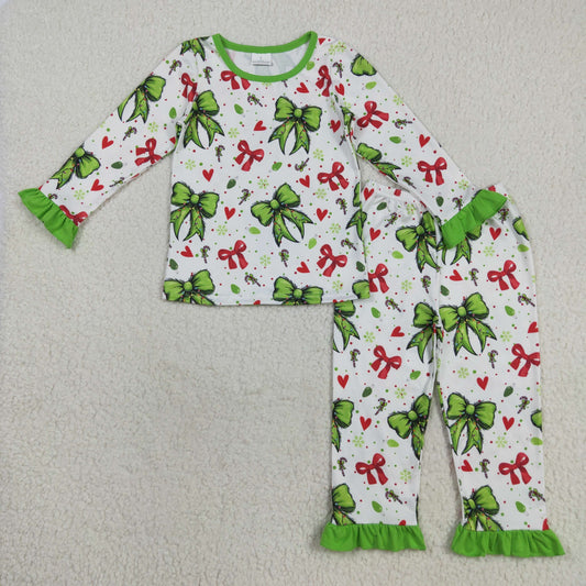 GLP2628 Baby Girls Green Red Bows Candy Cane Top Pants Christmas Pajamas Sets