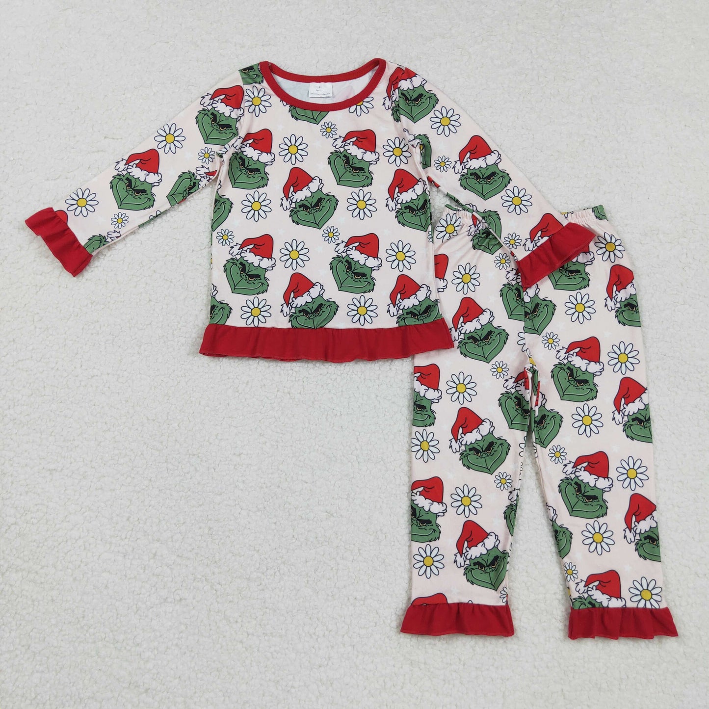 GLP2635 Baby Girls Red Hats Green Faces Flowers Top Ruffle Pants Christmas Pajamas Sets