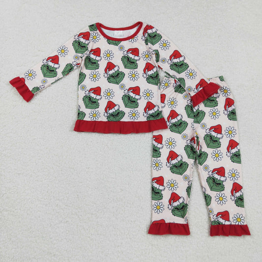 GLP2635 Baby Girls Red Hats Green Faces Flowers Top Ruffle Pants Christmas Pajamas Sets