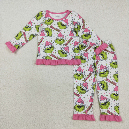 GLP2645 Baby Girls Pink Hats Green Faces Stars Top Pants Christmas Pajamas Sets
