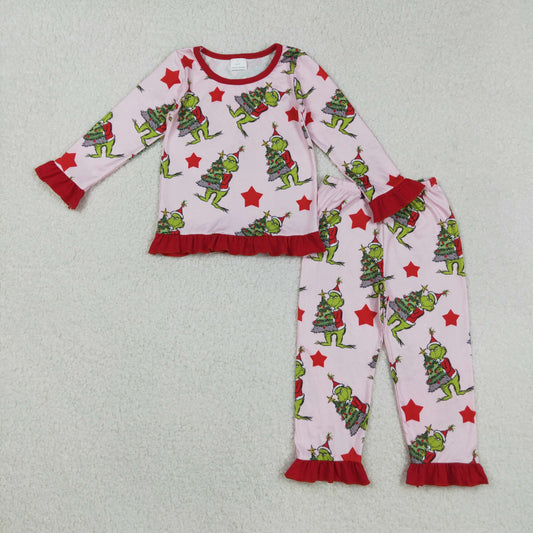 GLP2635 Baby Girls Green Faces Trees Stars Top Ruffle Pants Christmas Pajamas Sets