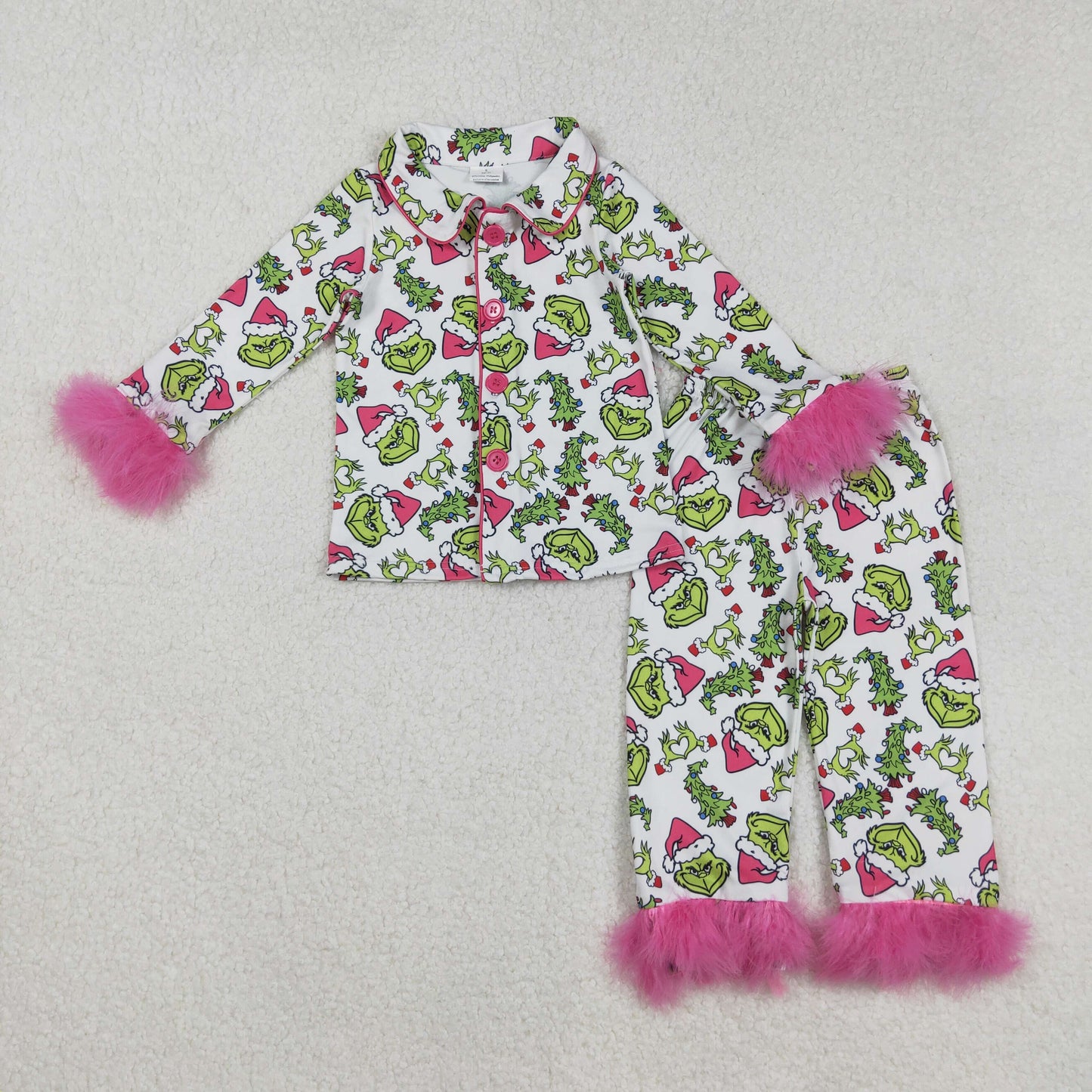 GLP2647 Baby Girls Trees Grin Button Top Pants Fur Sleeve Christmas Pajamas Sets