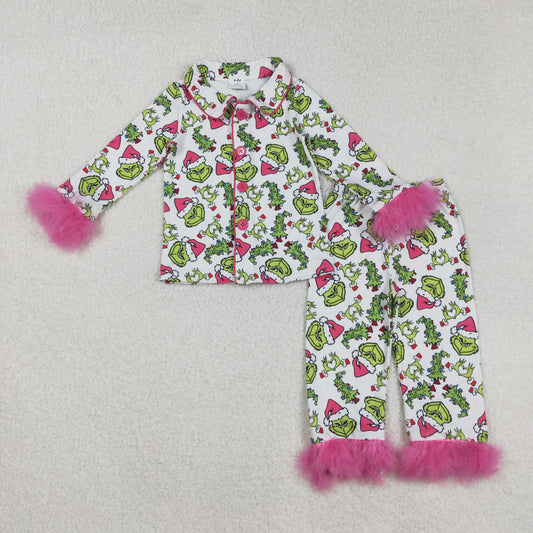GLP2647 Baby Girls Trees Grin Button Top Pants Fur Sleeve Christmas Pajamas Sets