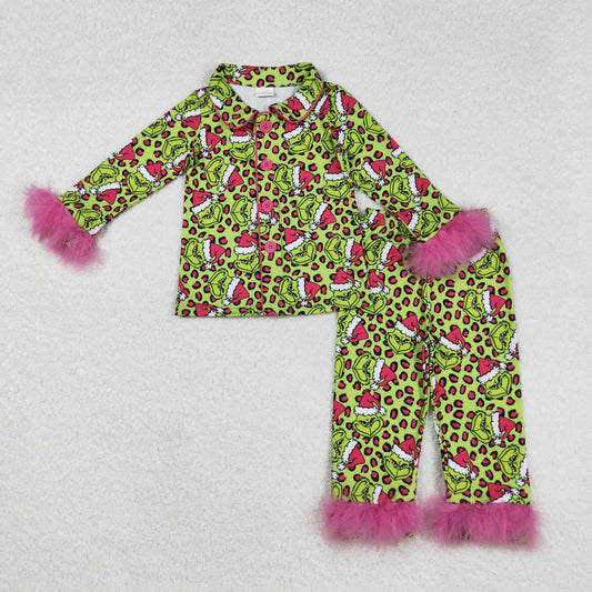 GLP2669 Baby Girls Leopard Grin Button Top Pants Fur Sleeve Christmas Pajamas Sets