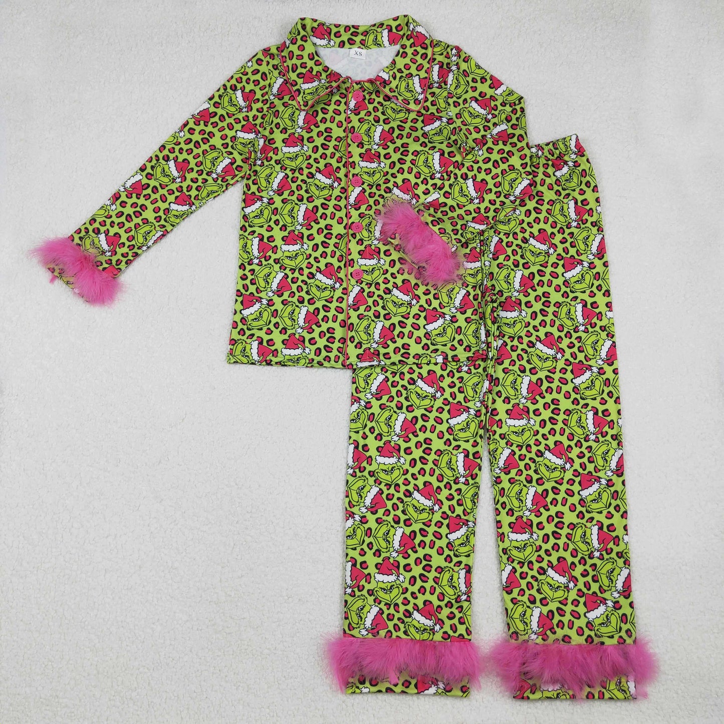 GLP2670 Adult Women Green Leopard Grin Button Top Pants Christmas Fur Sleeve Pajamas Sets