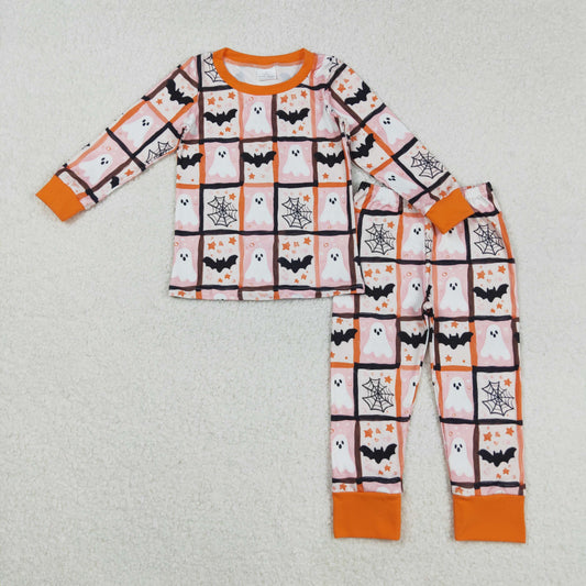 GLP2682 Baby Girls Orange Checked Bats Ghosts Top Pants Halloween Pajamas Sets