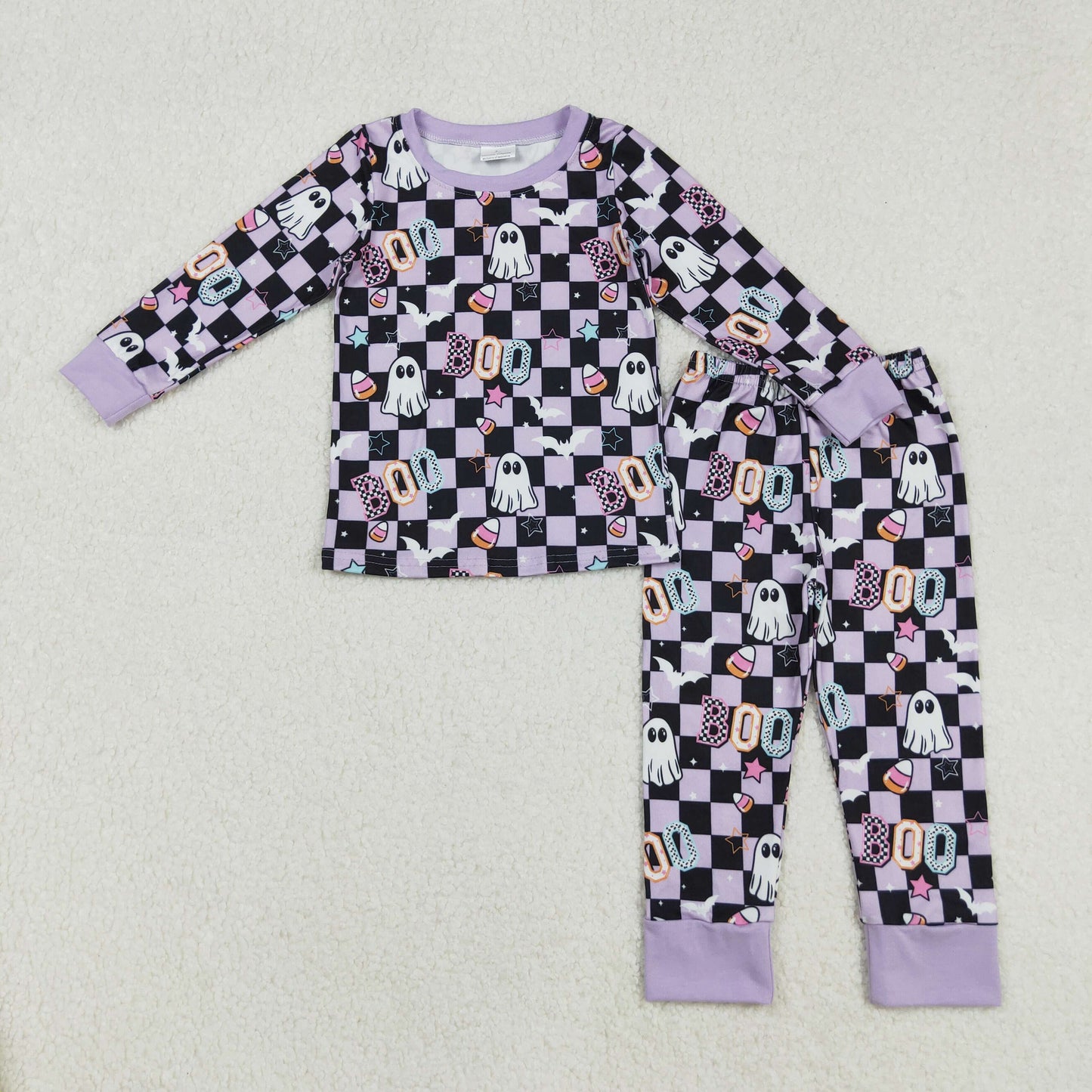 GLP2684 Baby Girls Purple Black Checked Ghosts Candy Top Pants Halloween Pajamas Sets