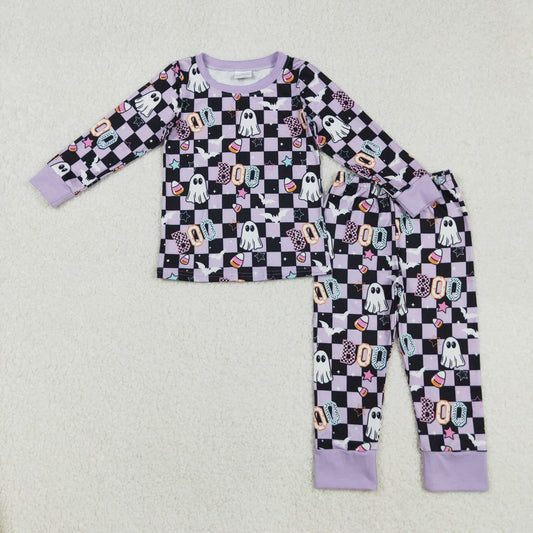 GLP2684 Baby Girls Purple Black Checked Ghosts Candy Top Pants Halloween Pajamas Sets