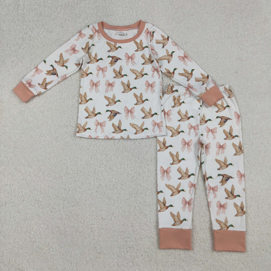 GLP2687 Baby Girls Pink Bows Ducks Plaid Top Pants Pajamas Sets