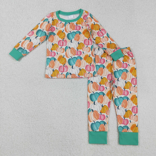 GLP2691 Baby Girls Colorful Pumpkins Plaid Top Pants Fall Pajamas Sets