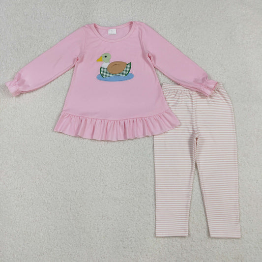 GLP2698 Baby Girls Embroidery Duck Tunic Stripe Leggings Pant Valentine Clothes Sets