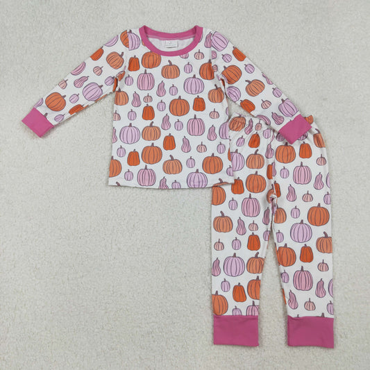 GLP2702 Baby Girls Pink Orange Pumpkins Plaid Top Pants Fall Pajamas Sets