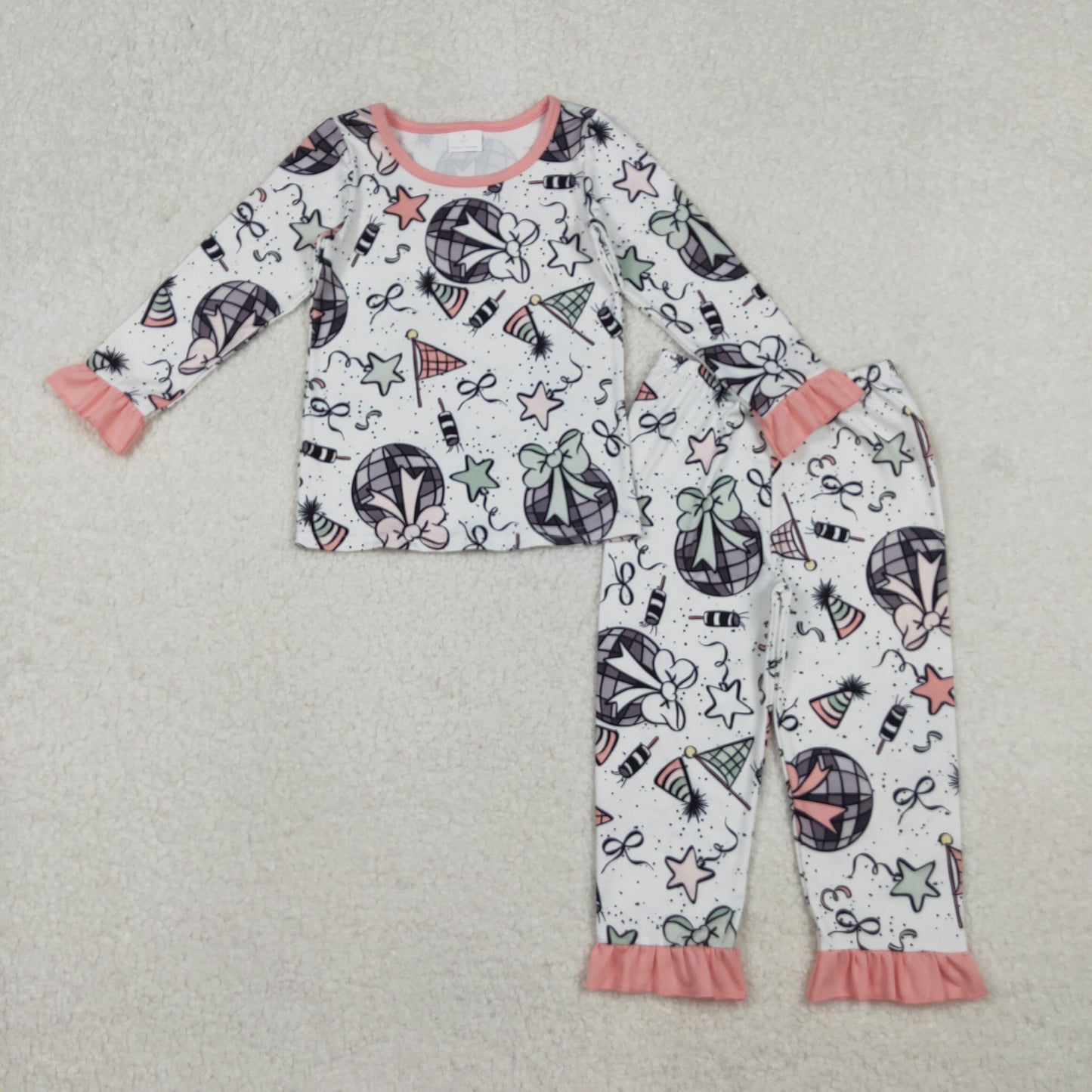 GLP2711 Baby Girls Pink Firework Stars Button Ruffle Pants Happy New Year Pajamas Sets
