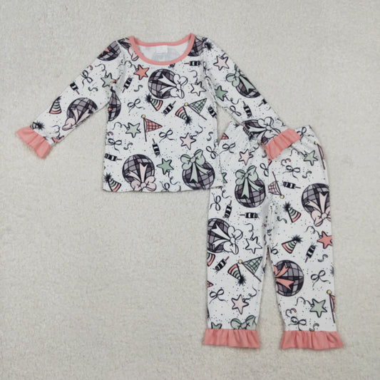 GLP2711 Baby Girls Pink Firework Stars Button Ruffle Pants Happy New Year Pajamas Sets
