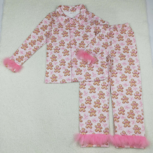 GLP2716 Adult Women Pink Bows Gingerbread Button Top Pants Christmas Fur Sleeve Pajamas Set