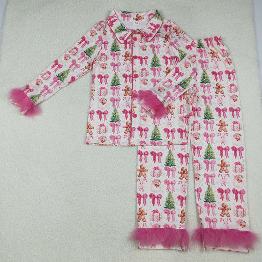 GLP2717 Adult Women Pink Bows Santa Plaid Button Top Pants Christmas Fur Sleeve Pajamas Set