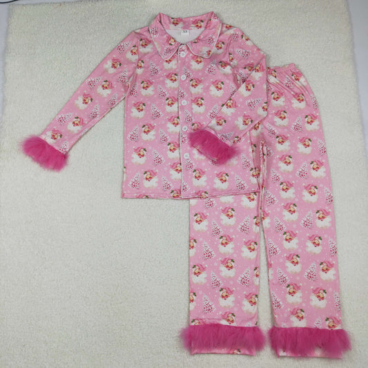 GLP2718 Adult Women Pink Trees Santa Button Top Pants Christmas Fur Sleeve Pajamas Sets