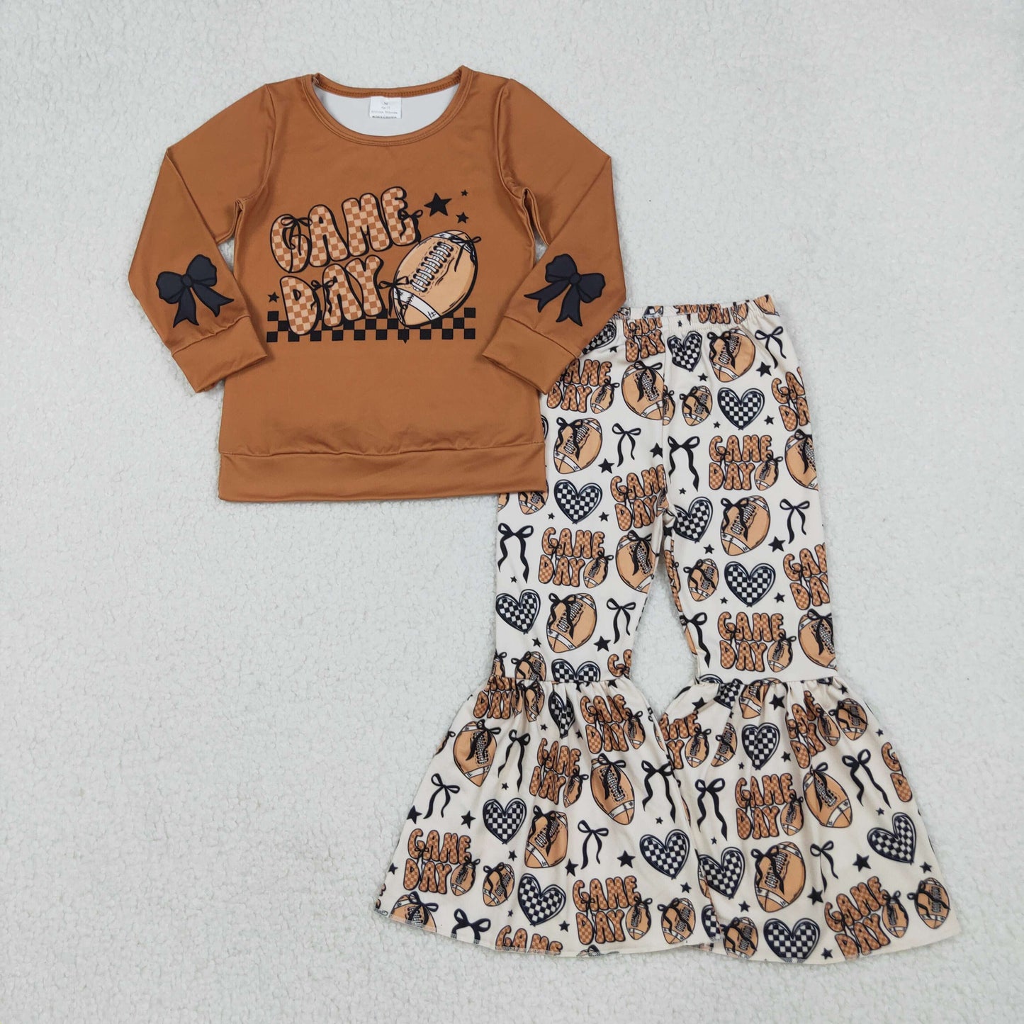 GLP2721 Baby Girls Brown Game Day Football Top Bell Bottom Pants Team Clothes Sets