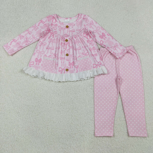 GLP2723 Baby Girls Pink Bows Button Pockets Tunic Polka Dots Leggings Valentine Clothes Sets