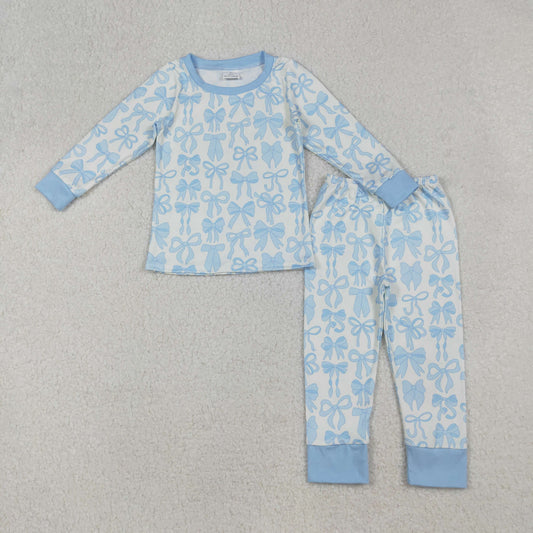 GLP2724 Baby Girls Light Blue Bows Plaid Top Pants Pajamas Sets