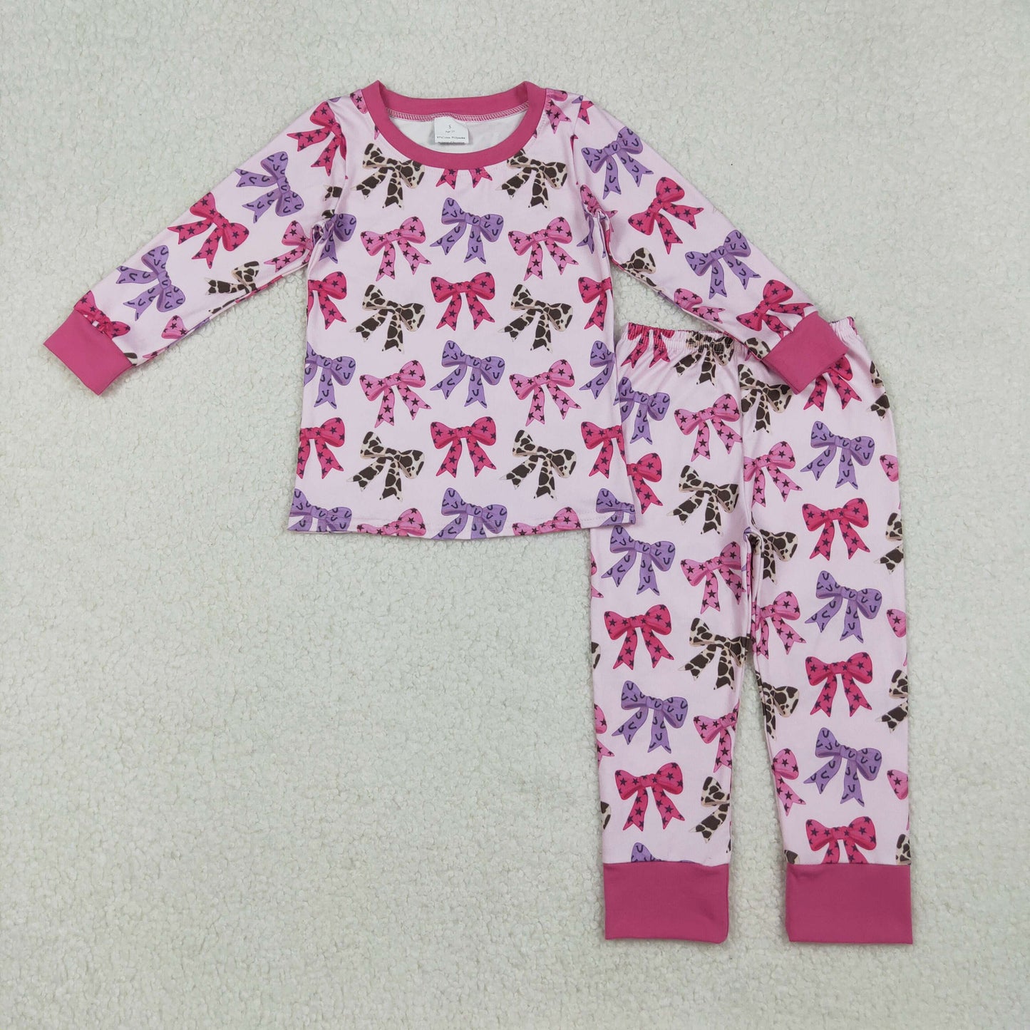 GLP2730 Baby Girls Pink Purple Black Cow Print Stars Bows Top Pants Pajamas Sets