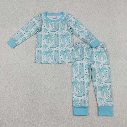 GLP2732 Baby Girls Light Blue Bows Boots Top Pants Western Pajamas Sets