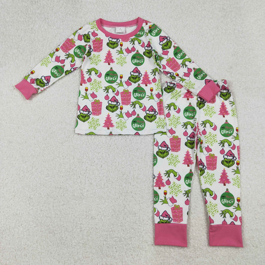 GLP2733 Baby Girls Green Faces Lights Gifts Top Pants Christmas Pajamas Sets