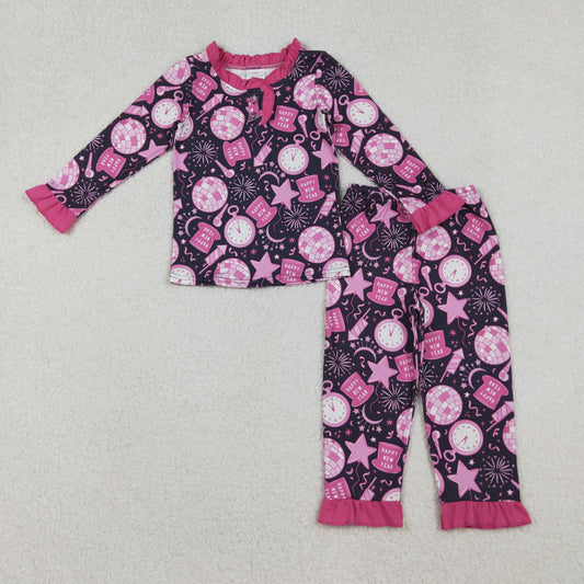 GLP2771 Baby Girls Hot Pink Happy New Year Button Top Ruffle Pants Pajamas Sets