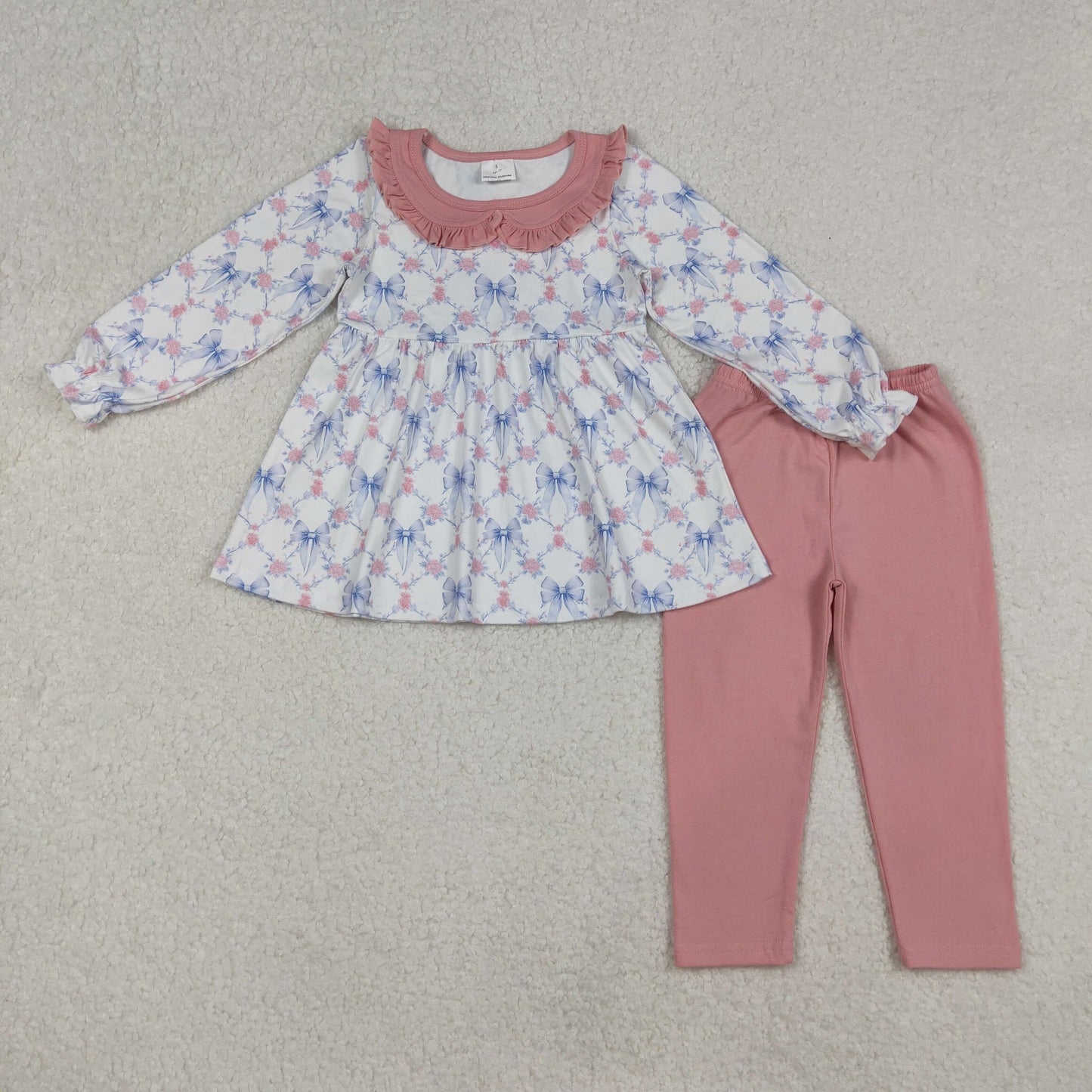 GLP2774 Baby Girls Long Ruffle Sleeve Bows Flowers Checked Tunic Leggings Clothes Set