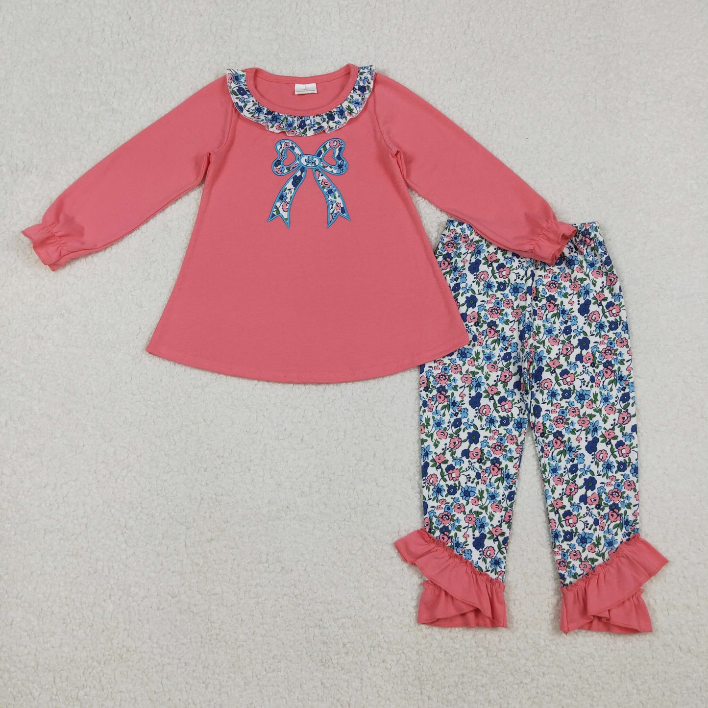 GLP2777 Baby Girls Embroidery Flowers Bows Collar Tunic Ruffle Leggings Clothes Sets