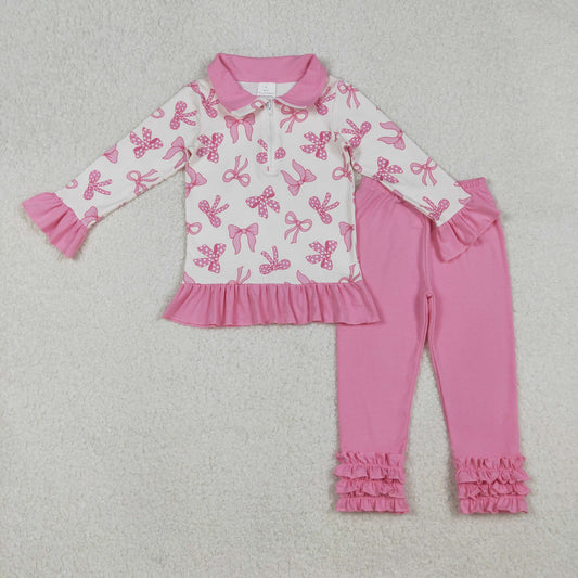 GLP2778 Baby Girls Polka Dots Bows Plaid Zipper Pullover Ruffle Pants Clothes Sets