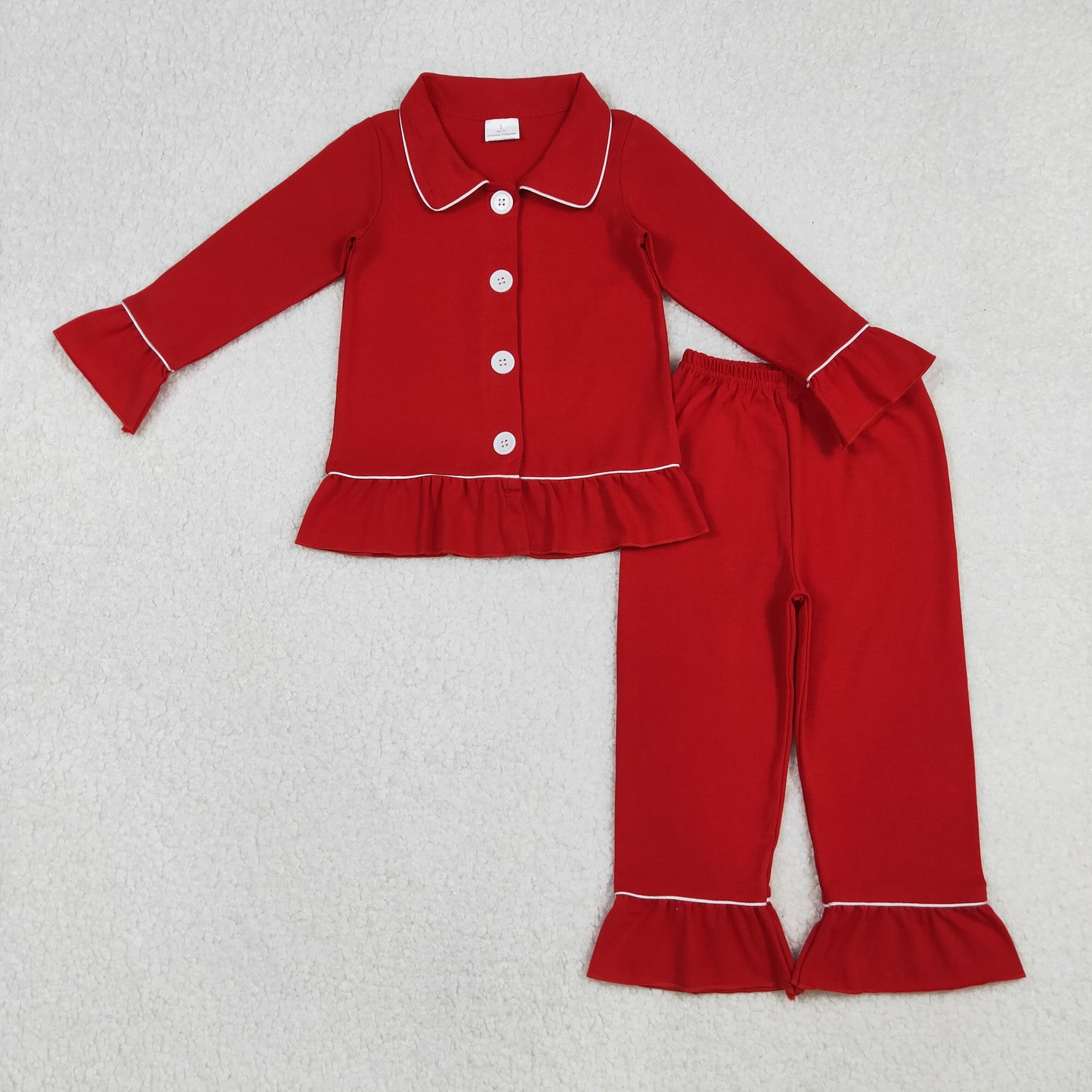 GLP2789 Baby Girls Red Button Top Ruffle Pant Christmas Pajamas Sets