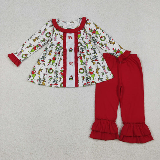GLP2812 Baby Girls Embroidery Bows Grin Collar Tunic Ruffle Pant Christmas Clothes Sets