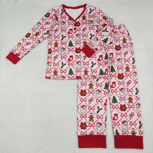 GLP2815 Adult Women Red Bows Santa Holly Button Top Pants Christmas Pajamas Set