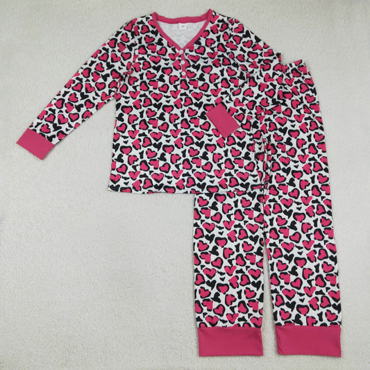 GLP2826 Adult Women Long Sleeve Pink Hearts Leopard Top Pants Valentines Pajamas Set